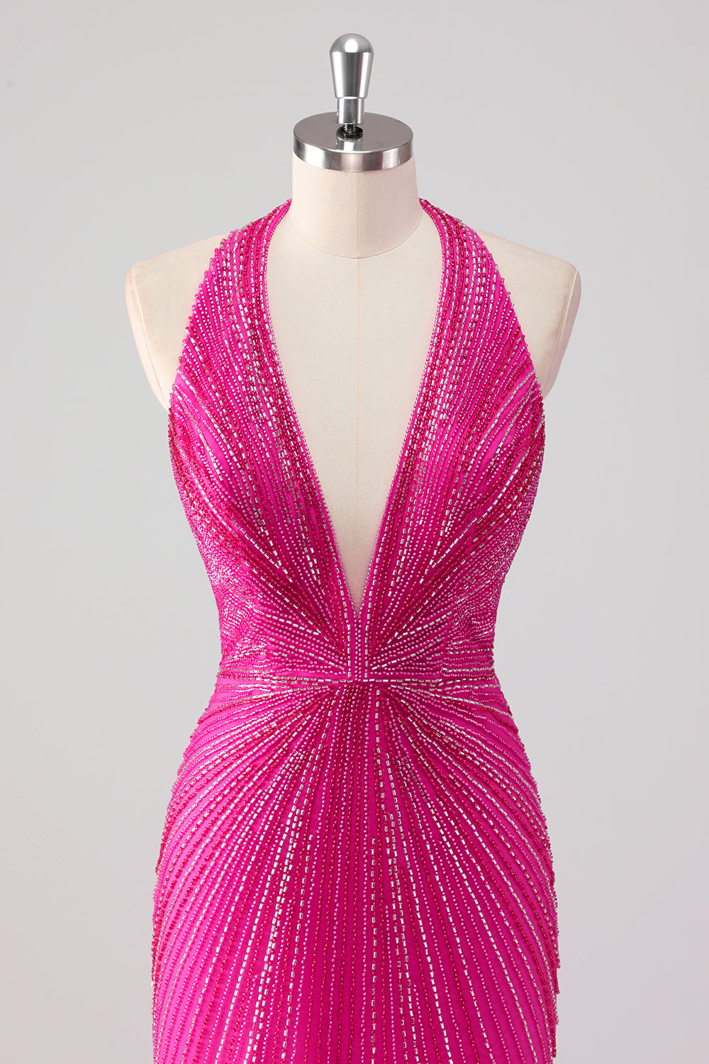 Fuchsia Mermaid Halter Open Back Beaded Long Prom Dress with Slit