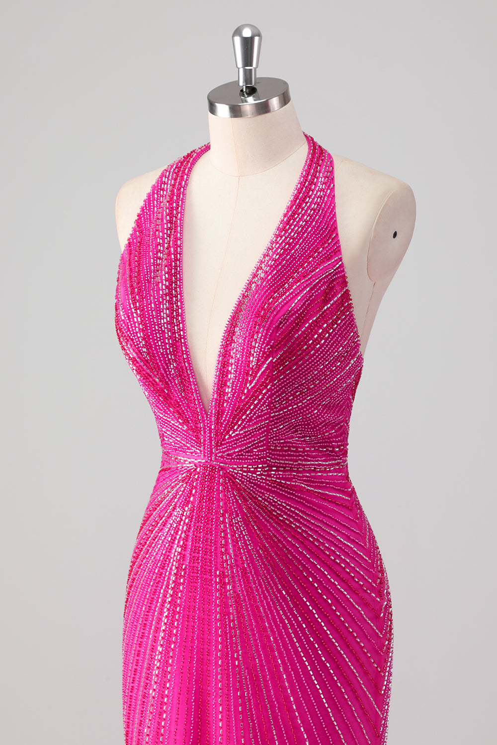 Fuchsia Mermaid Halter Open Back Beaded Long Prom Dress with Slit