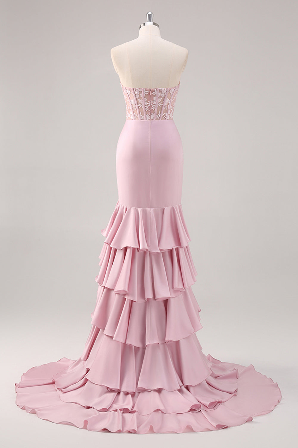 Blush Mermaid Ruffled Prom Dress with Lace