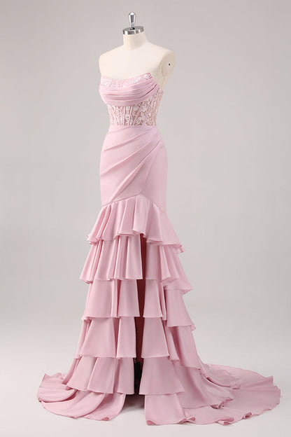 Blush Mermaid Ruffled Prom Dress with Lace