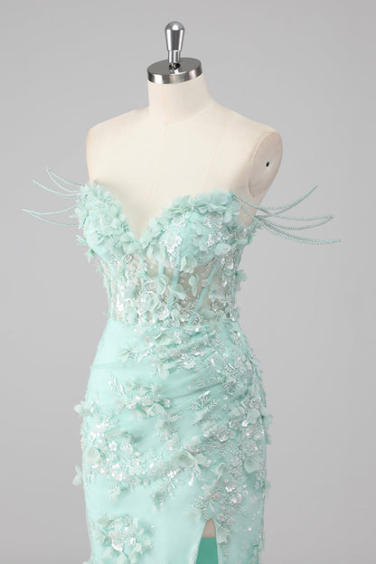 Green Sweetheart Corset Prom Dress with 3D Flowers