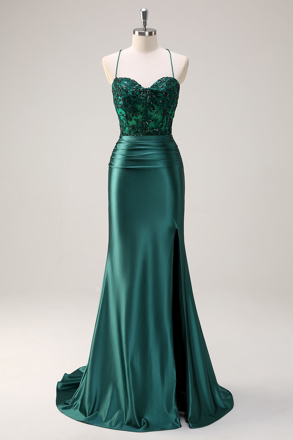 Sparkly Dark Green Mermaid Halter Corset Long Prom Dress With Slit