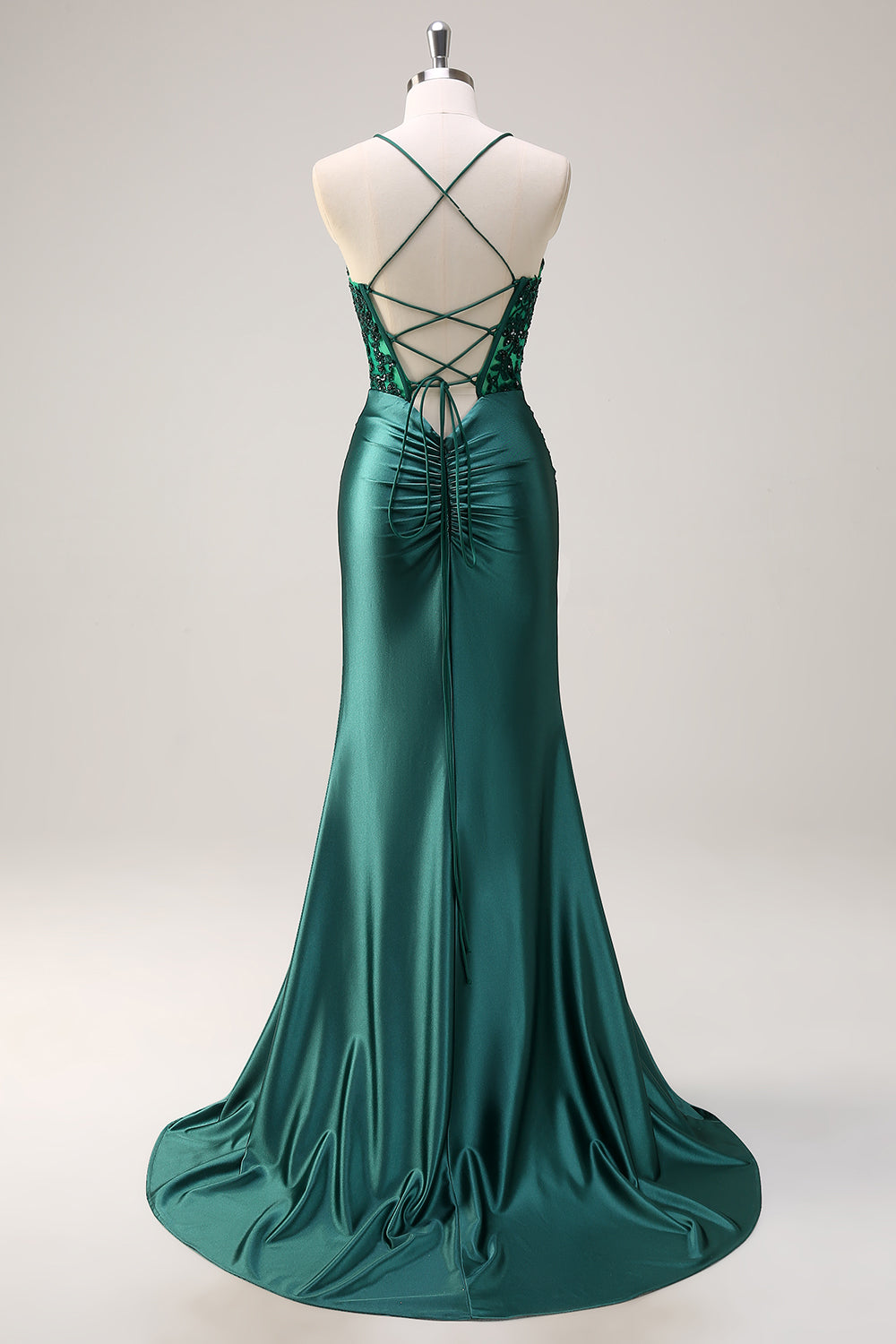 Sparkly Dark Green Mermaid Halter Corset Long Prom Dress With Slit