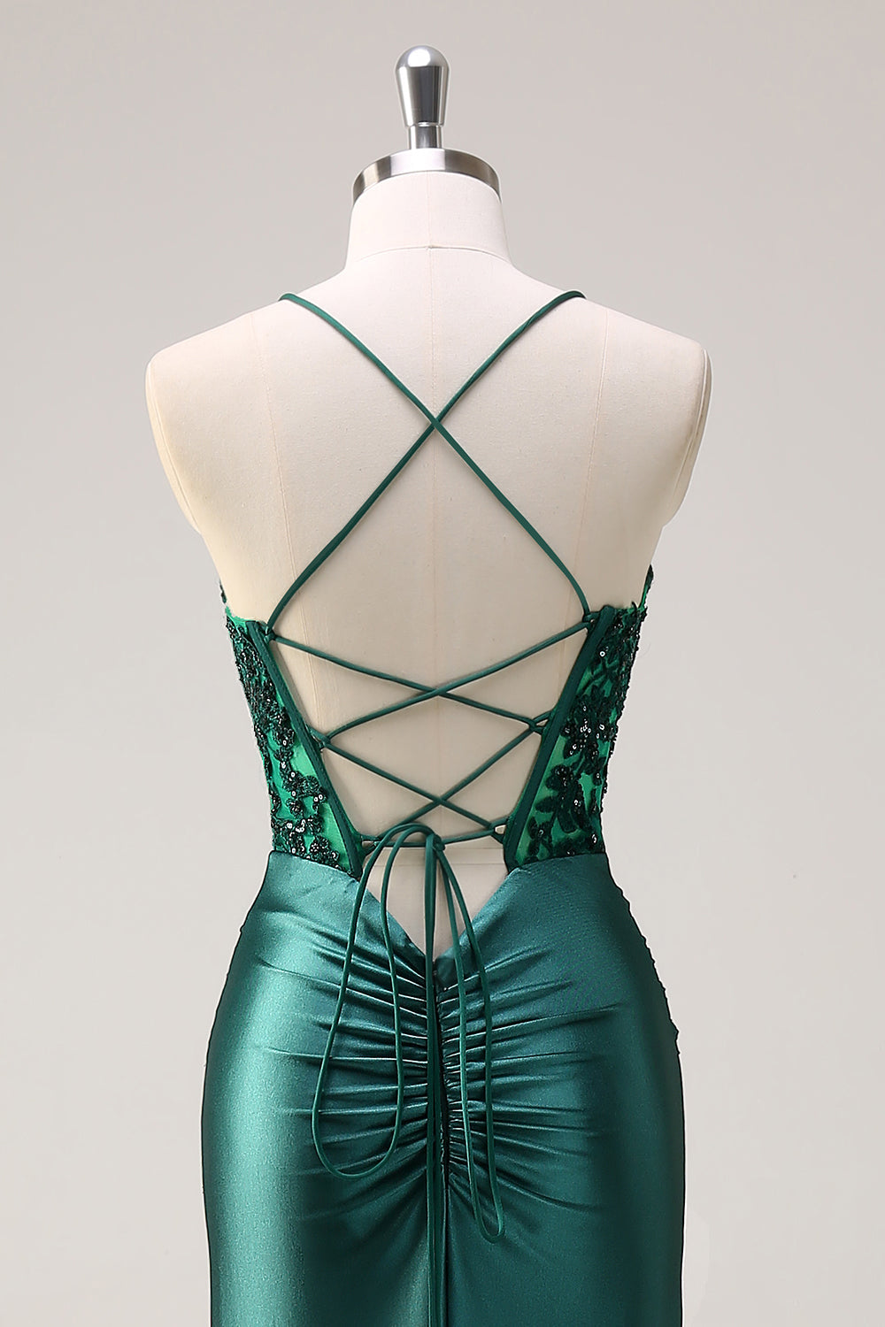 Sparkly Dark Green Mermaid Halter Corset Long Prom Dress With Slit