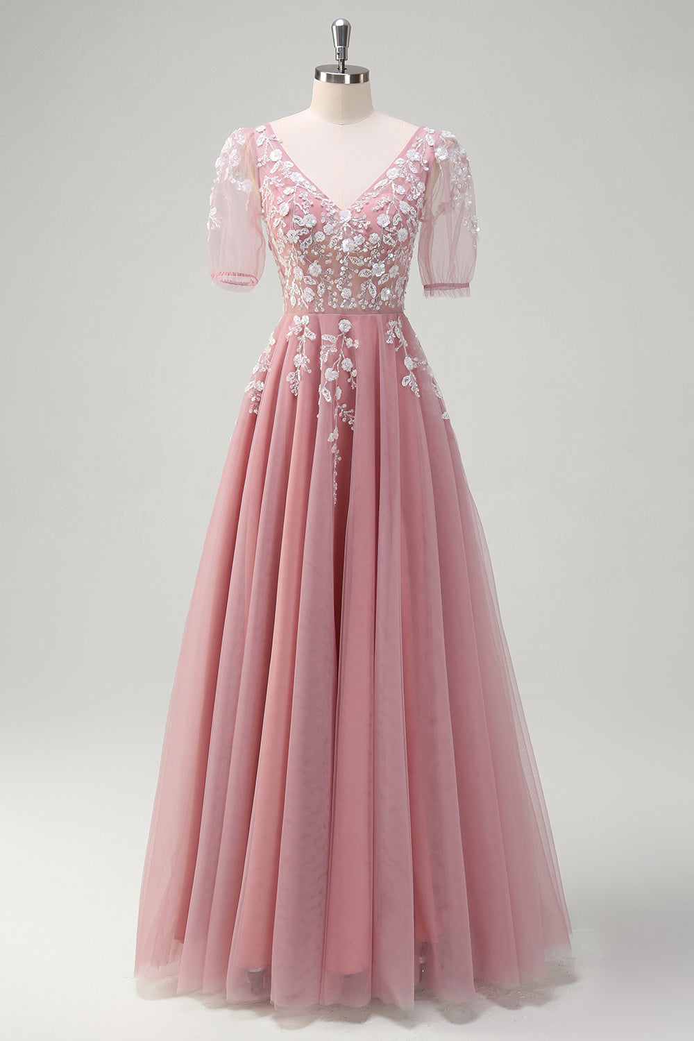 Blush Floral A-Line Appliques Long Prom Dress with Half Sleeves