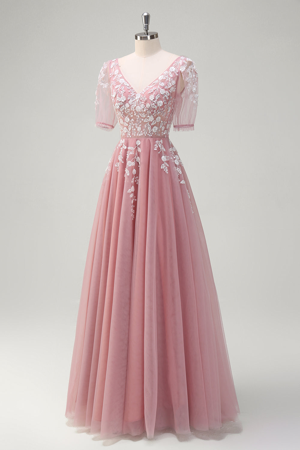 Blush Floral A-Line Appliques Long Prom Dress with Half Sleeves