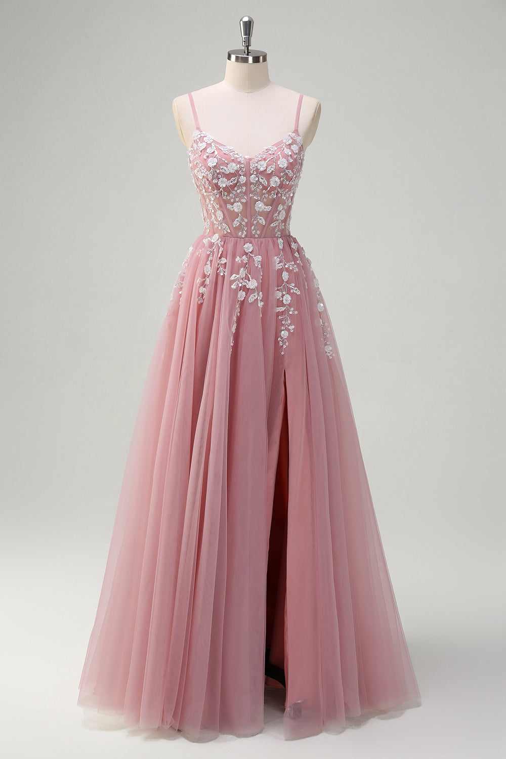 Blush Floral A-Line Spaghetti Straps Long Prom Dress with Slit