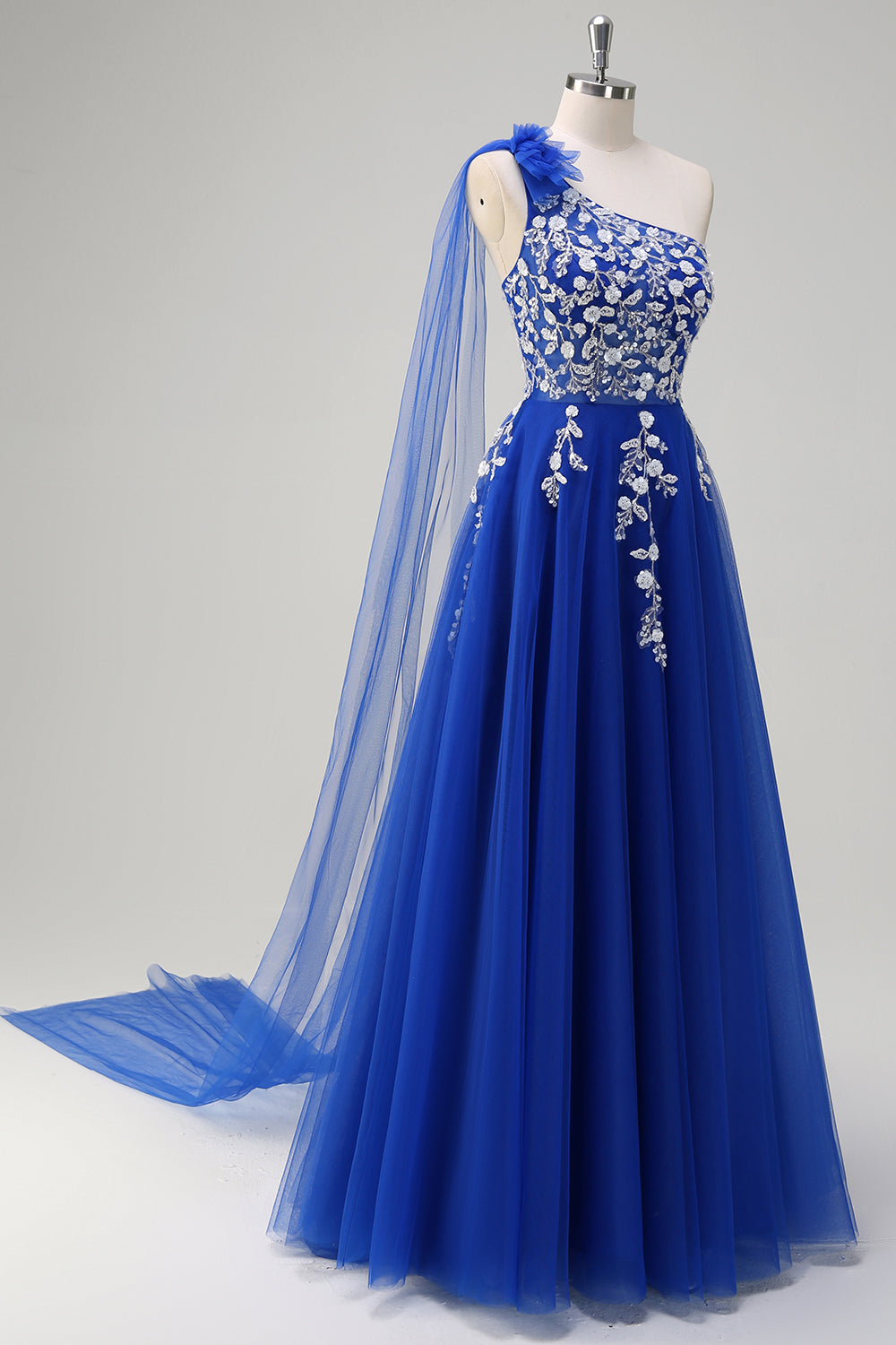 Royal Blue Floral A-Line One Shoulder Corset Long Prom Dress