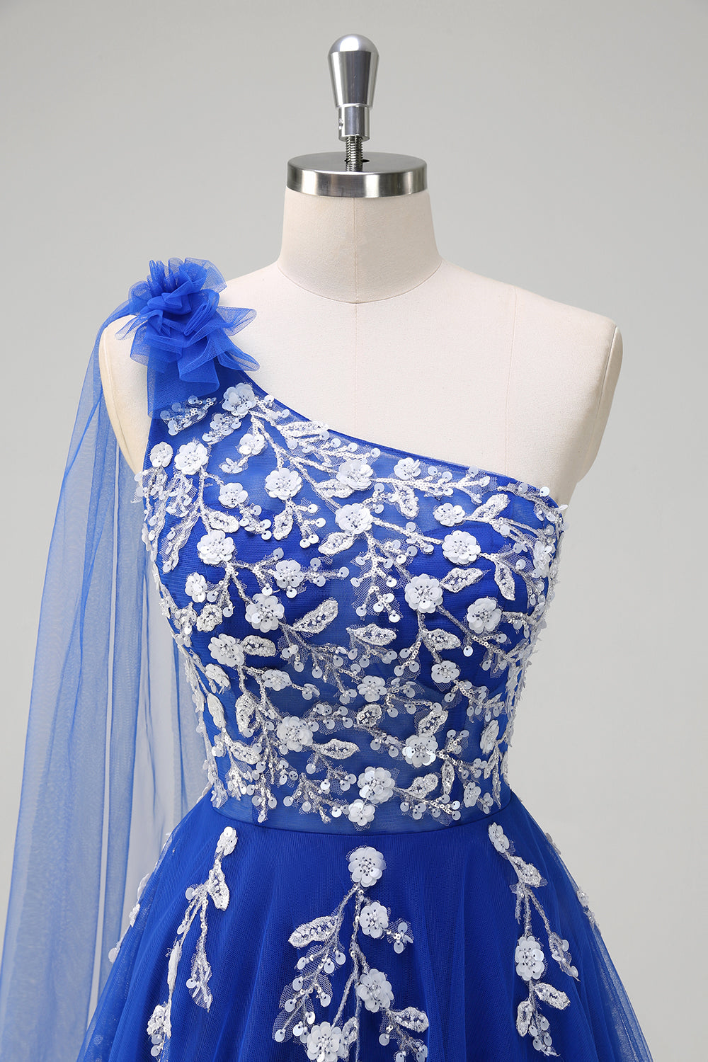 Royal Blue Floral A-Line One Shoulder Corset Long Prom Dress