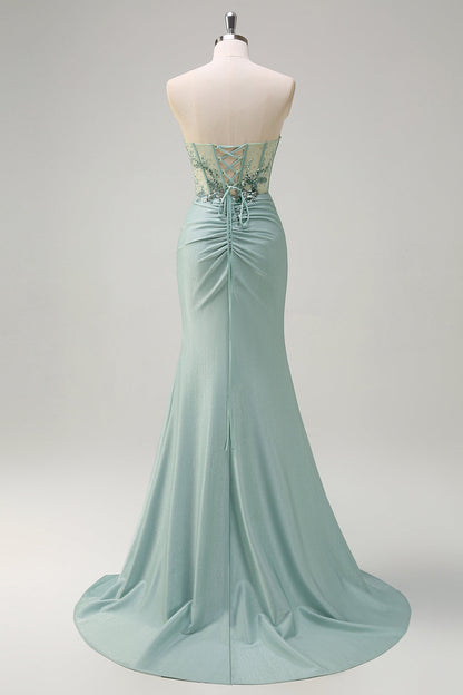 Sparkly Grey Green Mermaid Strapless Sequin Corset Ruched Long Prom Dress with Slit