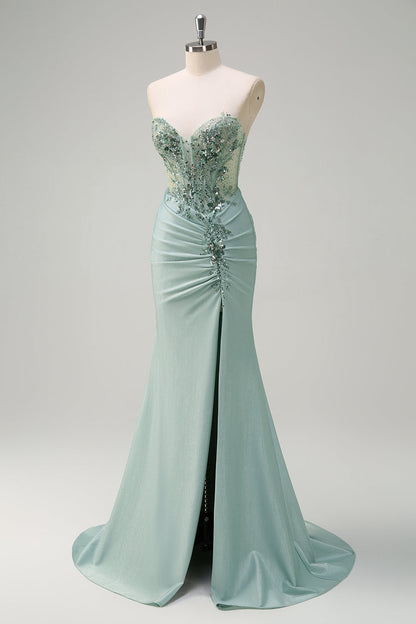 Sparkly Grey Green Mermaid Strapless Sequin Corset Ruched Long Prom Dress with Slit