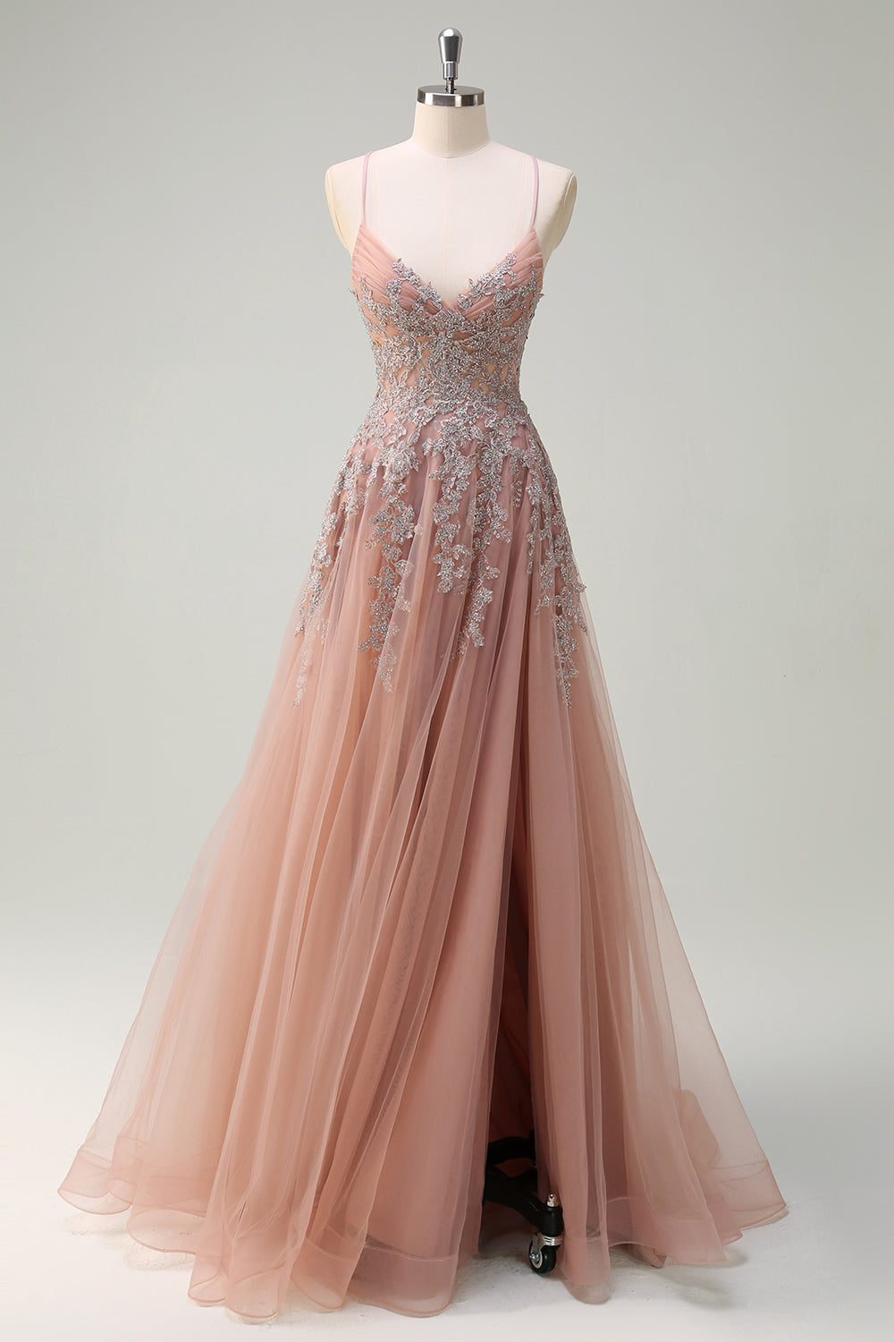 Blush A Line Spaghetti Straps Lace Up Back Appliqued Long Prom Dress with Slit