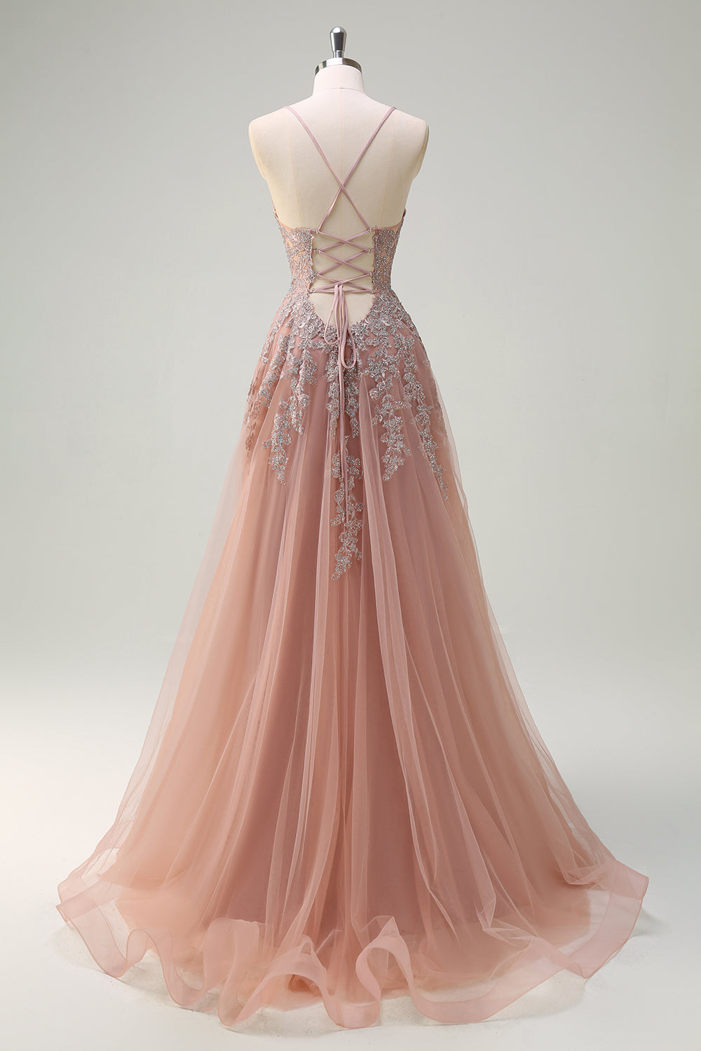 Blush A Line Spaghetti Straps Lace Up Back Appliqued Long Prom Dress with Slit