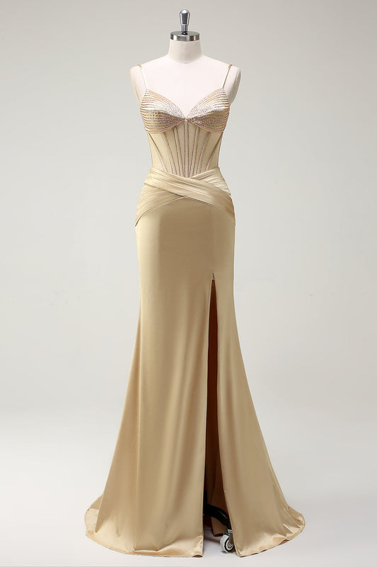 Sparkly Mermaid Spaghetti Straps Golden Corset Long Prom Dress with Slit