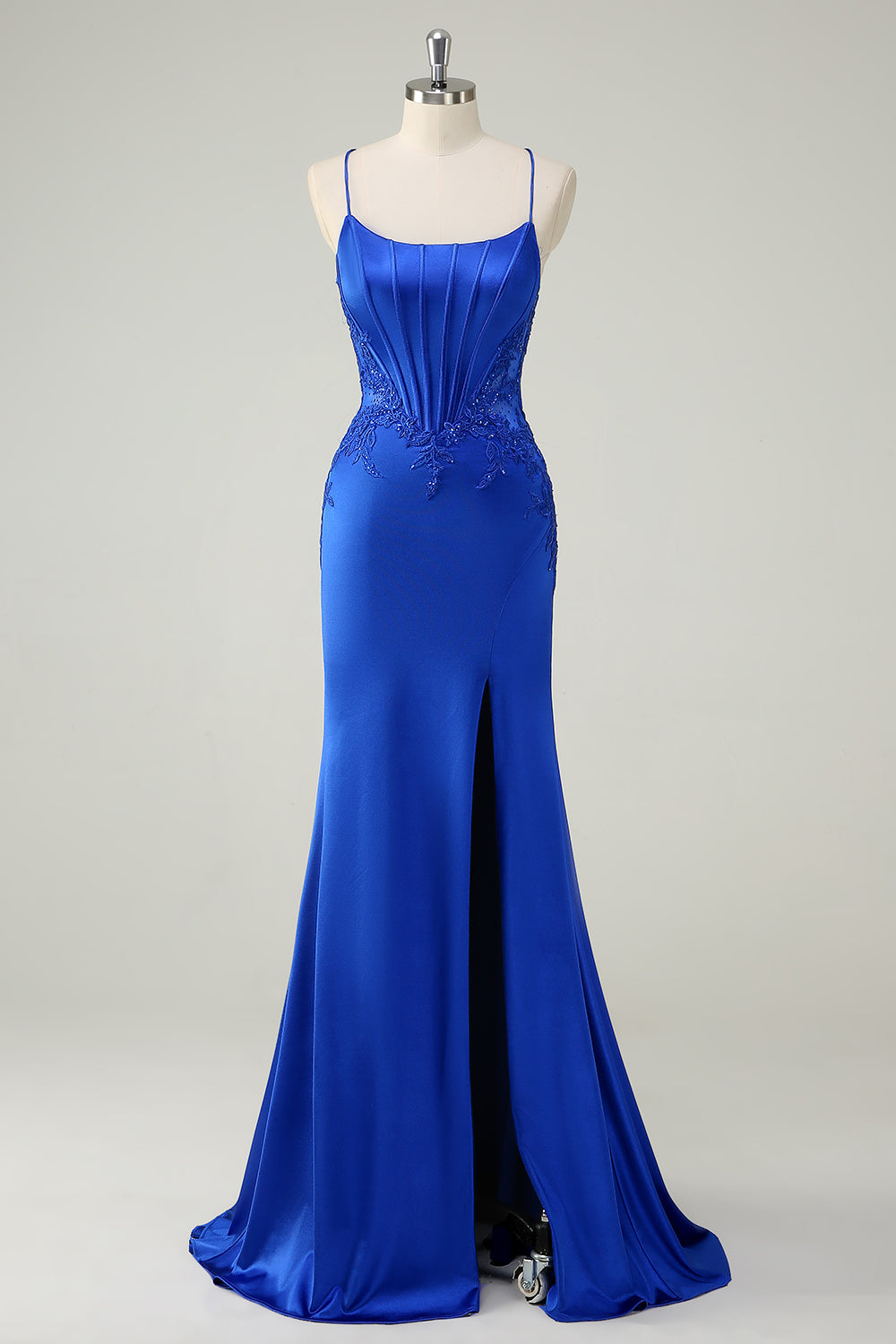 Royal Blue Mermaid Corset Spaghetti Straps Appliqued Long Prom Dress