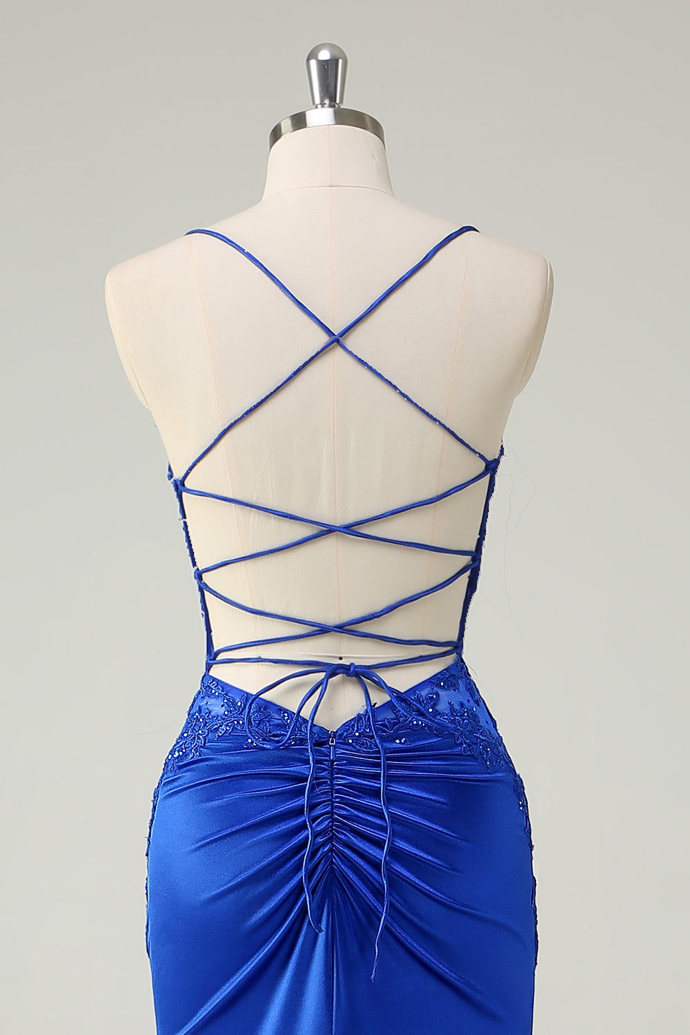 Royal Blue Mermaid Corset Spaghetti Straps Appliqued Long Prom Dress