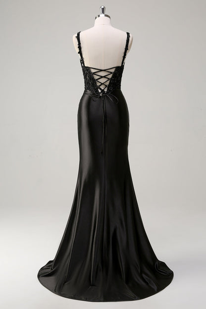 Black Sheath Spaghetti Straps Corset Beaded Long Prom Dress with Slit