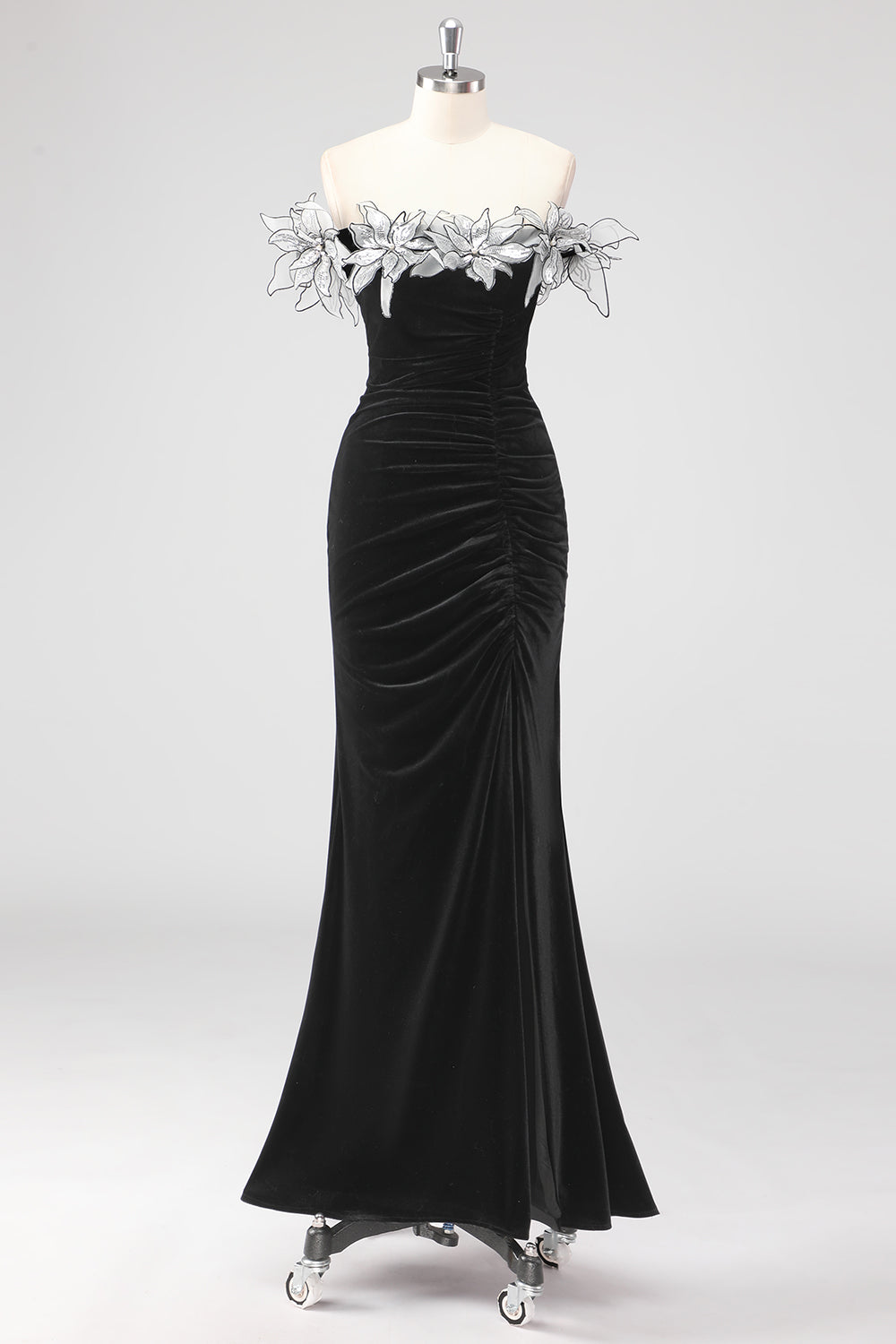 Black Velvet Sheath Formal Dress with 3D Flowers