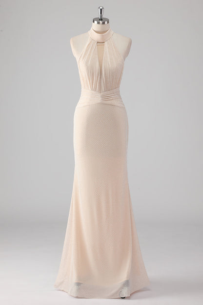 Cream Halter Sheath Backless Formal Dress