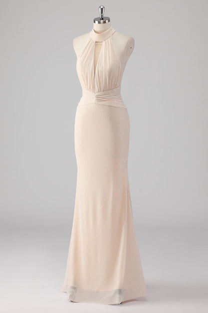 Cream Halter Sheath Backless Formal Dress