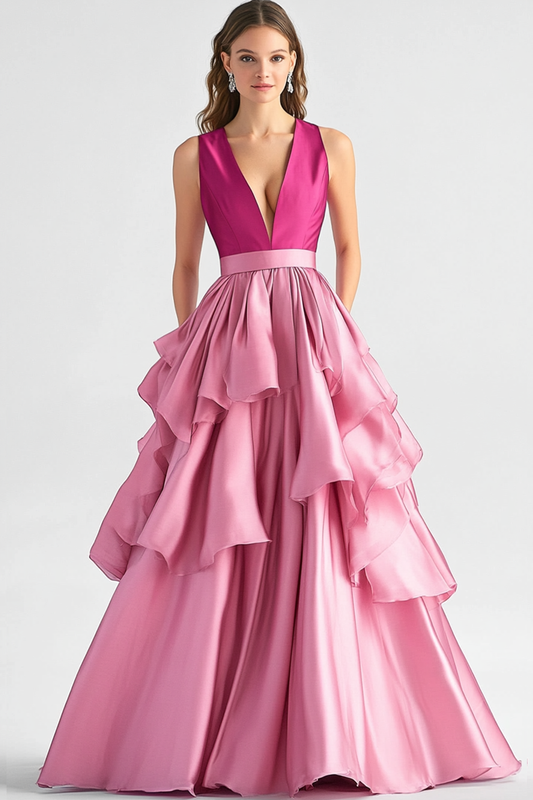 Hot Pink A-Line V Neck Ruffles Long Prom Dress