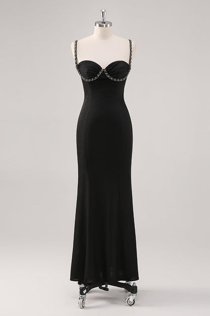 Black Spaghetti Straps Floor Length Satin Formal Dress