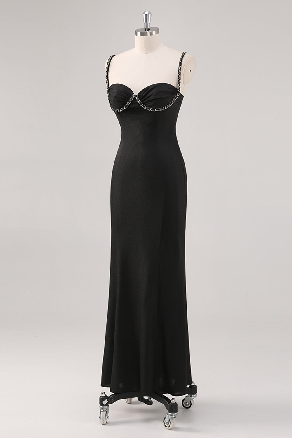 Black Spaghetti Straps Floor Length Satin Formal Dress