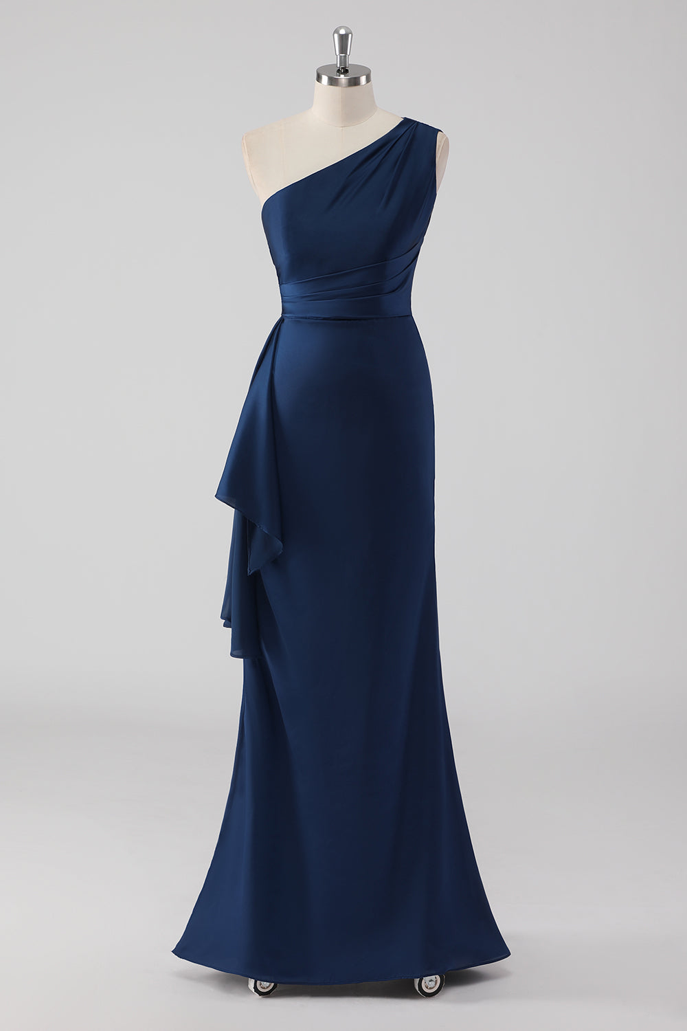 Navy Mermaid One Shoulder Long Formal Dress with Ruffles