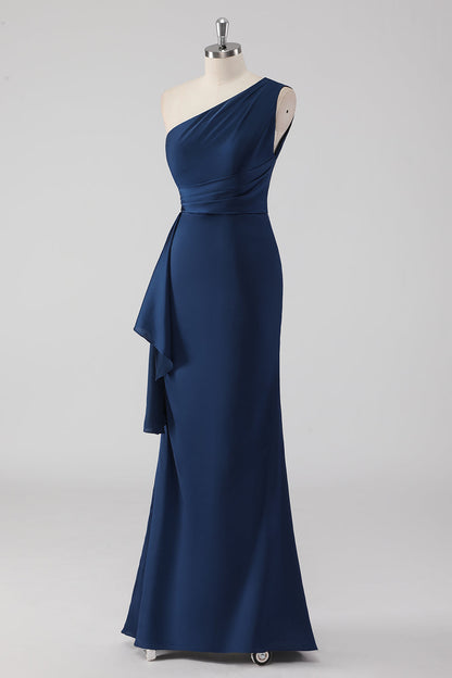 Navy Mermaid One Shoulder Long Formal Dress with Ruffles