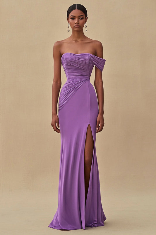 Off Shoulder Purple Mermaid Long Formal Dress with Slit