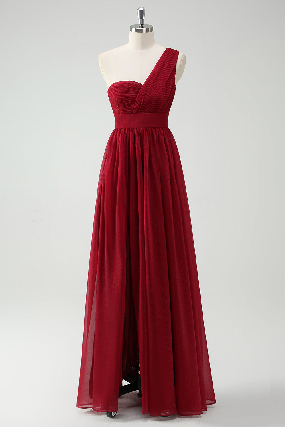 Burgundy One Shoulder Chiffon Maxi Prom Dress with Slit