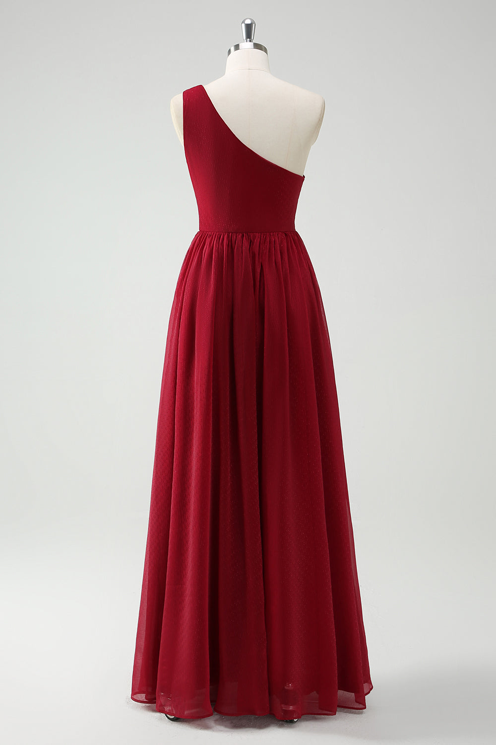 Burgundy One Shoulder Chiffon Maxi Prom Dress with Slit