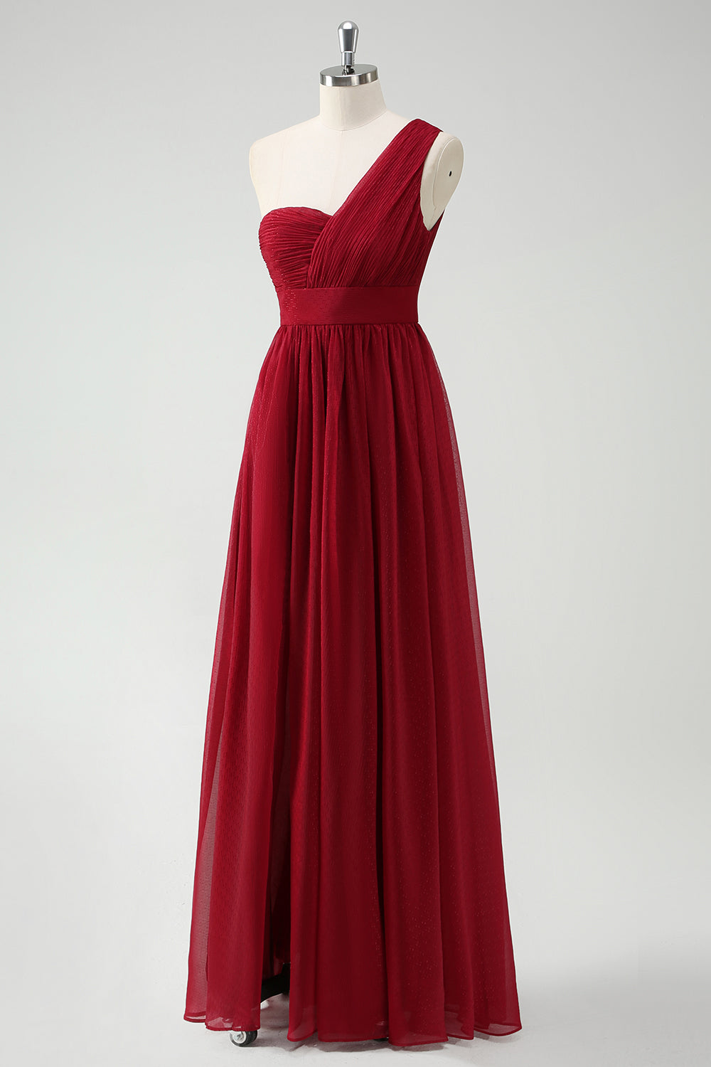 Burgundy One Shoulder Chiffon Maxi Prom Dress with Slit