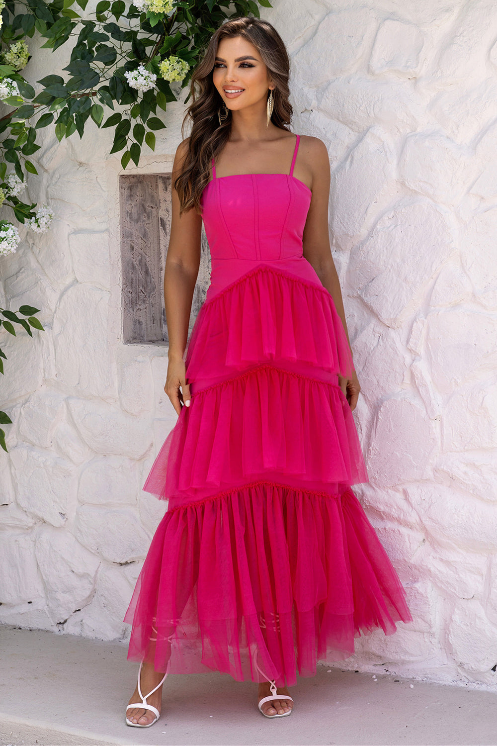 Fuchsia Spaghetti Straps A-Line Tulle Tiered Long Corset Formal Dress