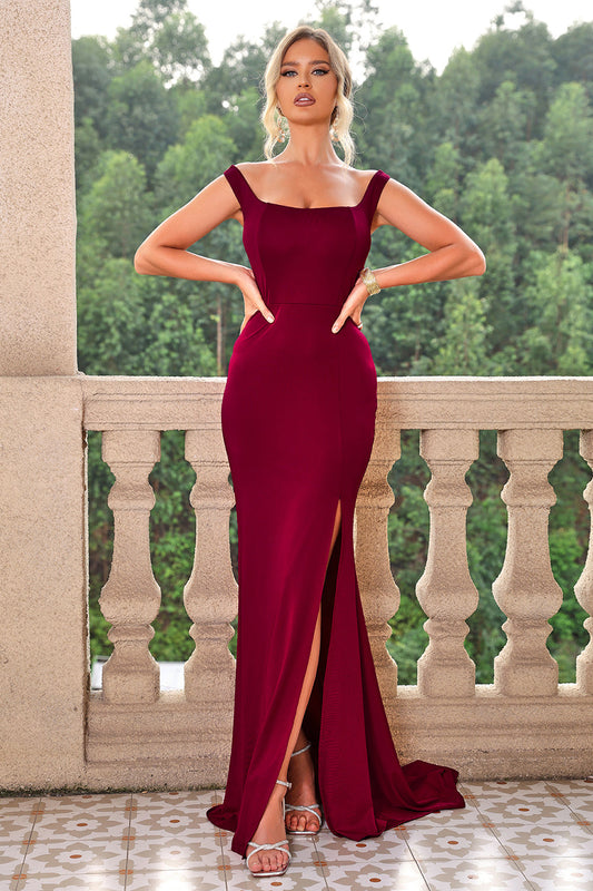 Burgundy Mermaid Off the Shoulder Lace-Up Long Formal Dress with Slit