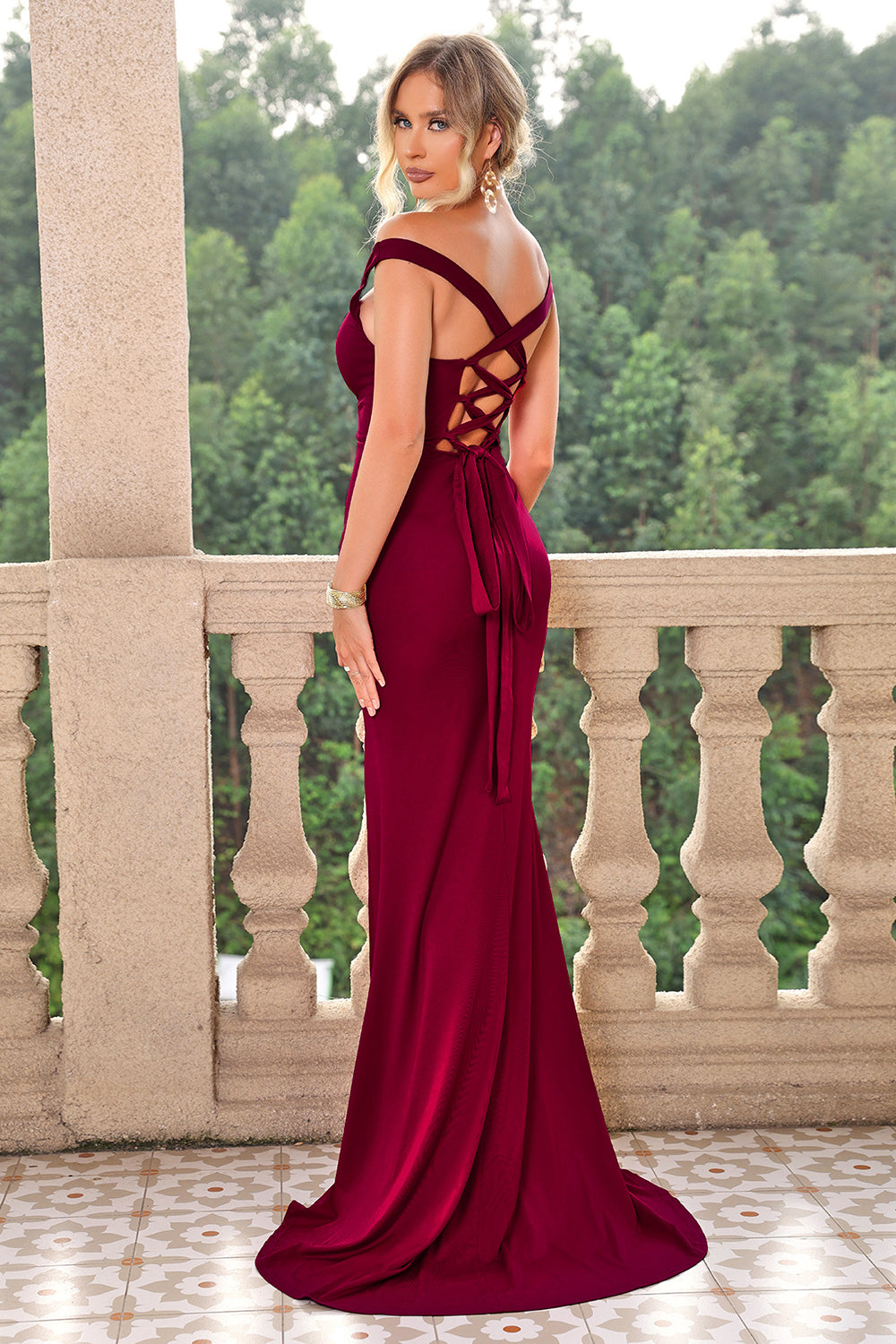 Burgundy Mermaid Off the Shoulder Lace-Up Long Formal Dress with Slit