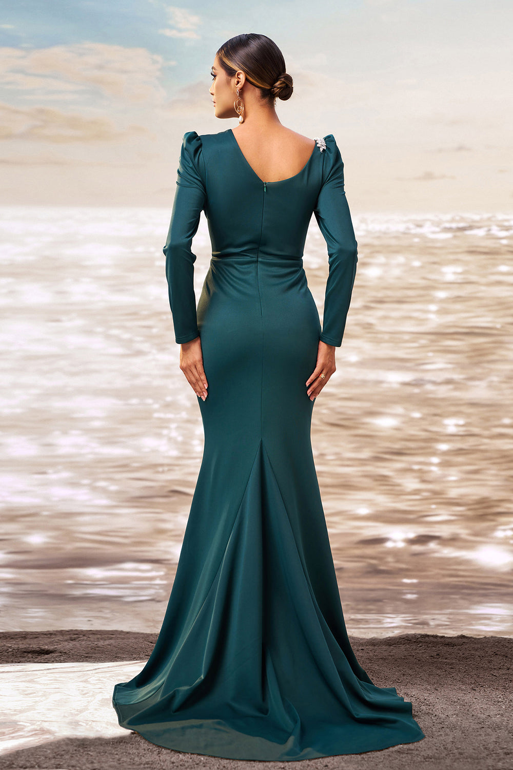 Dark Green Mermaid Long Sleeves Prom Dress with Slit