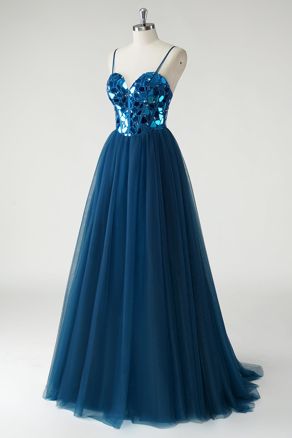 Sparkly Dark Blue Mirror A-Line Long Prom Dress