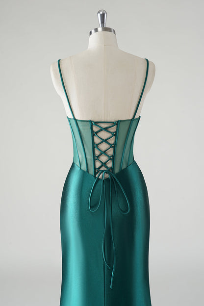 Dark Green Satin Spaghetti Straps Mermaid Prom Dress