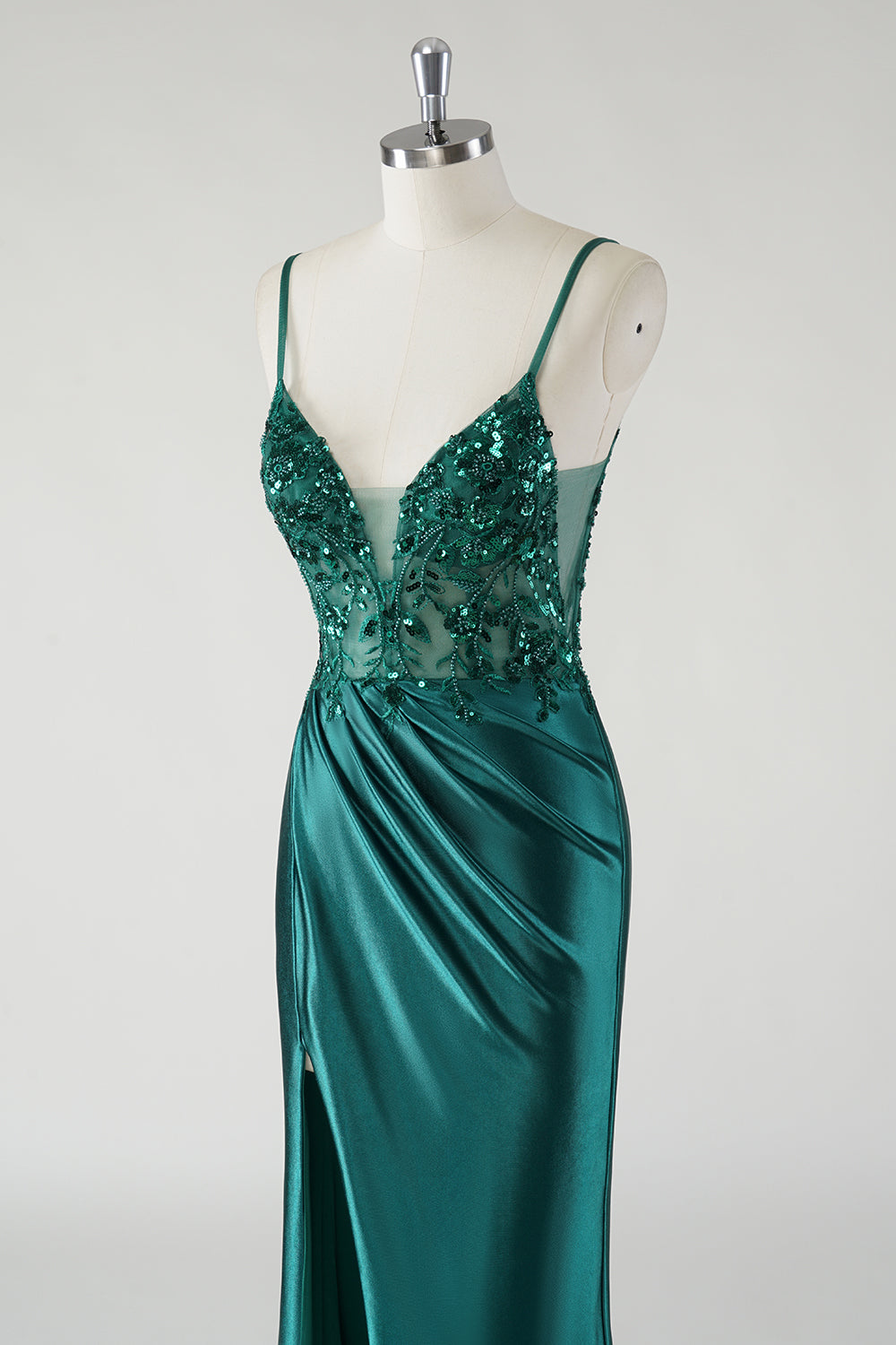 Sparkly Dark Green Spaghetti Straps Mermaid Prom Dress with Slit