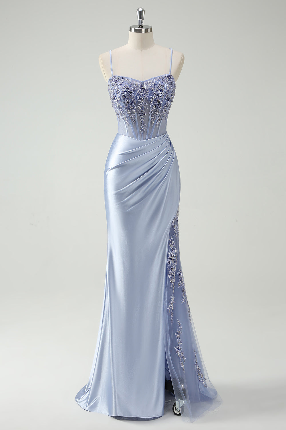 Light Blue Mermaid Appliqued Long Prom Dress with Slit