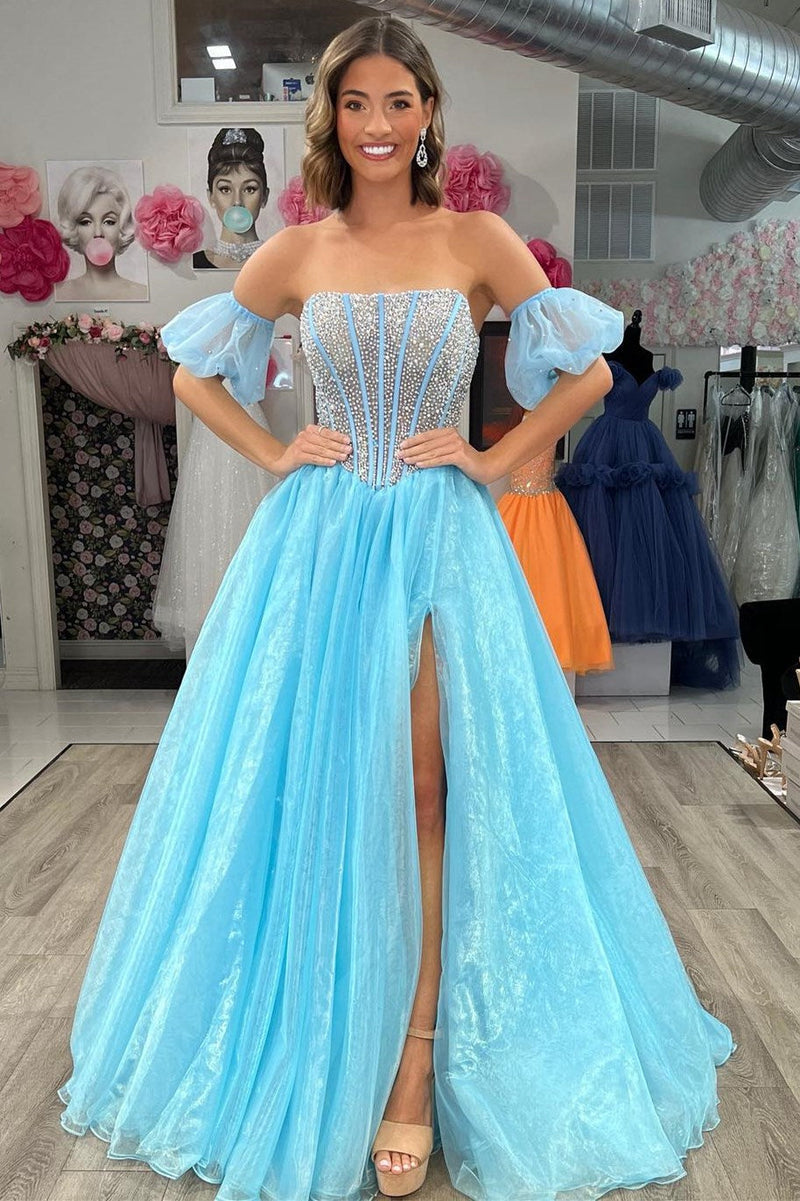 Brianna |A Line Strapless Blush Corset Organza Prom Dress