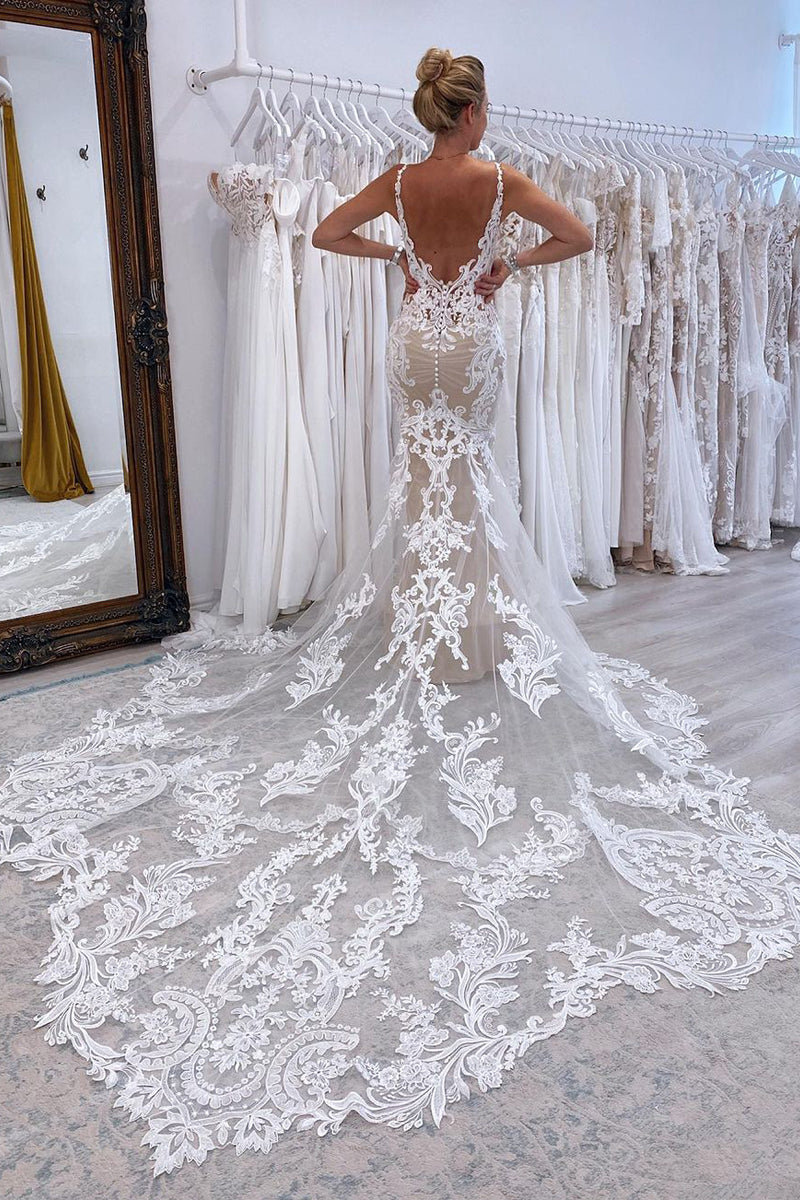 Mermaid V Neck Tulle Lace Wedding Dresses with Train