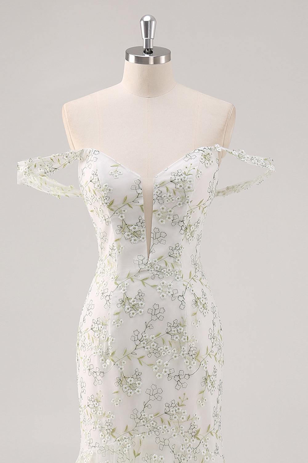 White Green Flower Off The Shoulder Floral Prom Dress