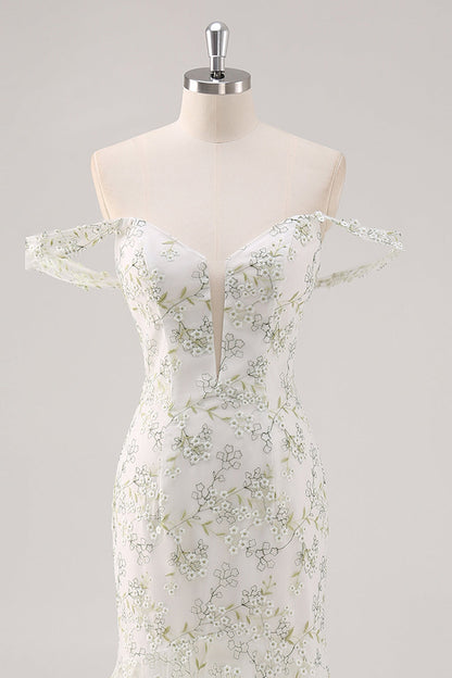 White Green Flower Off The Shoulder Floral Prom Dress