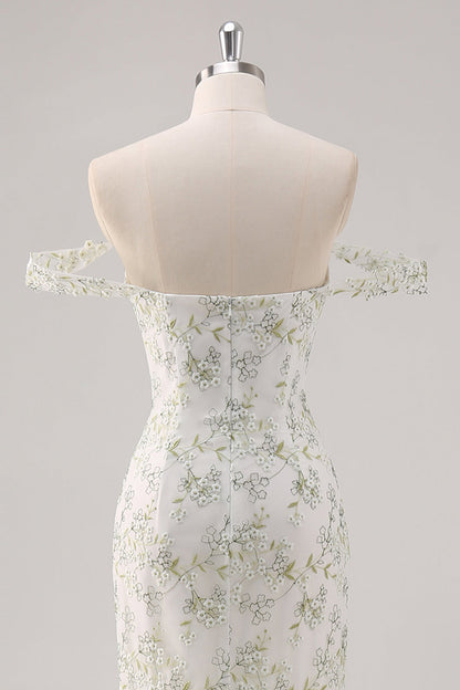 White Green Flower Off The Shoulder Floral Prom Dress