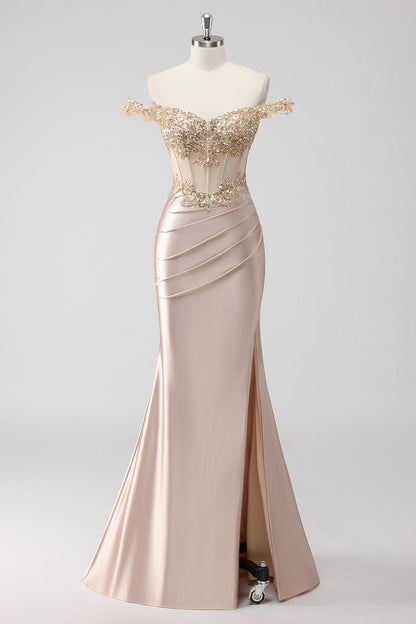 Sparkly Champagne Off the Shoulder Corset Appliqued Prom Dress with Slit