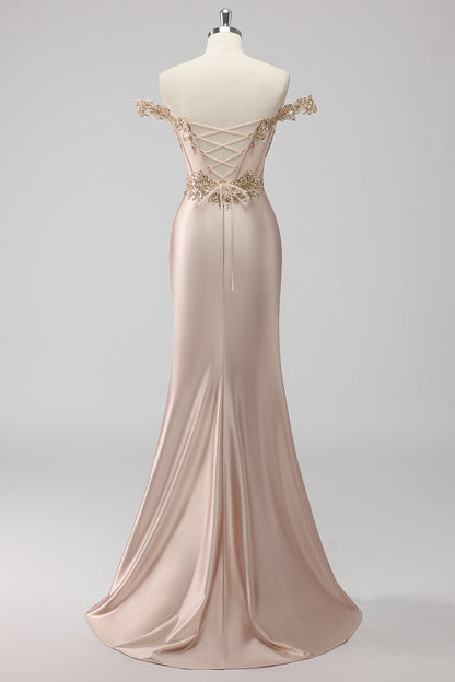 Sparkly Champagne Off the Shoulder Corset Appliqued Prom Dress with Slit