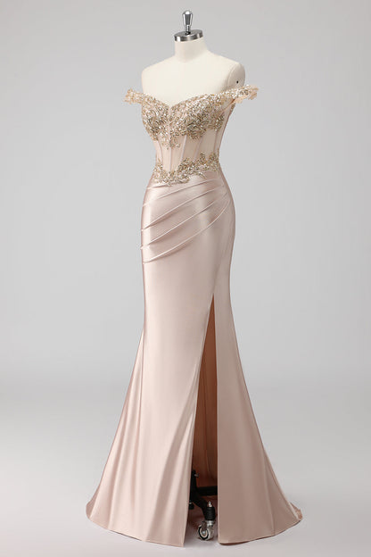 Sparkly Champagne Off the Shoulder Corset Appliqued Prom Dress with Slit