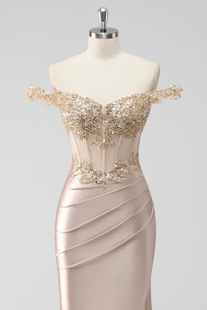 Sparkly Champagne Off the Shoulder Corset Appliqued Prom Dress with Slit